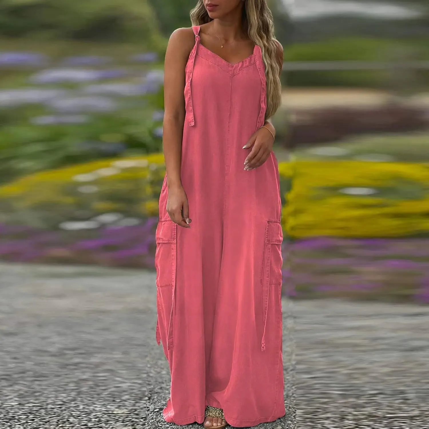 Baggy Overalls for Women Loose Fit V Neck Wide Leg Jumpsuit with Pockets Casual Oversized Rompers Long Palazzo Pants