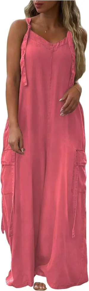 Baggy Overalls for Women Loose Fit V Neck Wide Leg Jumpsuit with Pockets Casual Oversized Rompers Long Palazzo Pants