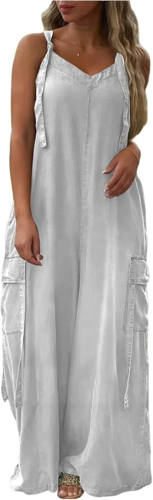 Baggy Overalls for Women Loose Fit V Neck Wide Leg Jumpsuit with Pockets Casual Oversized Rompers Long Palazzo Pants