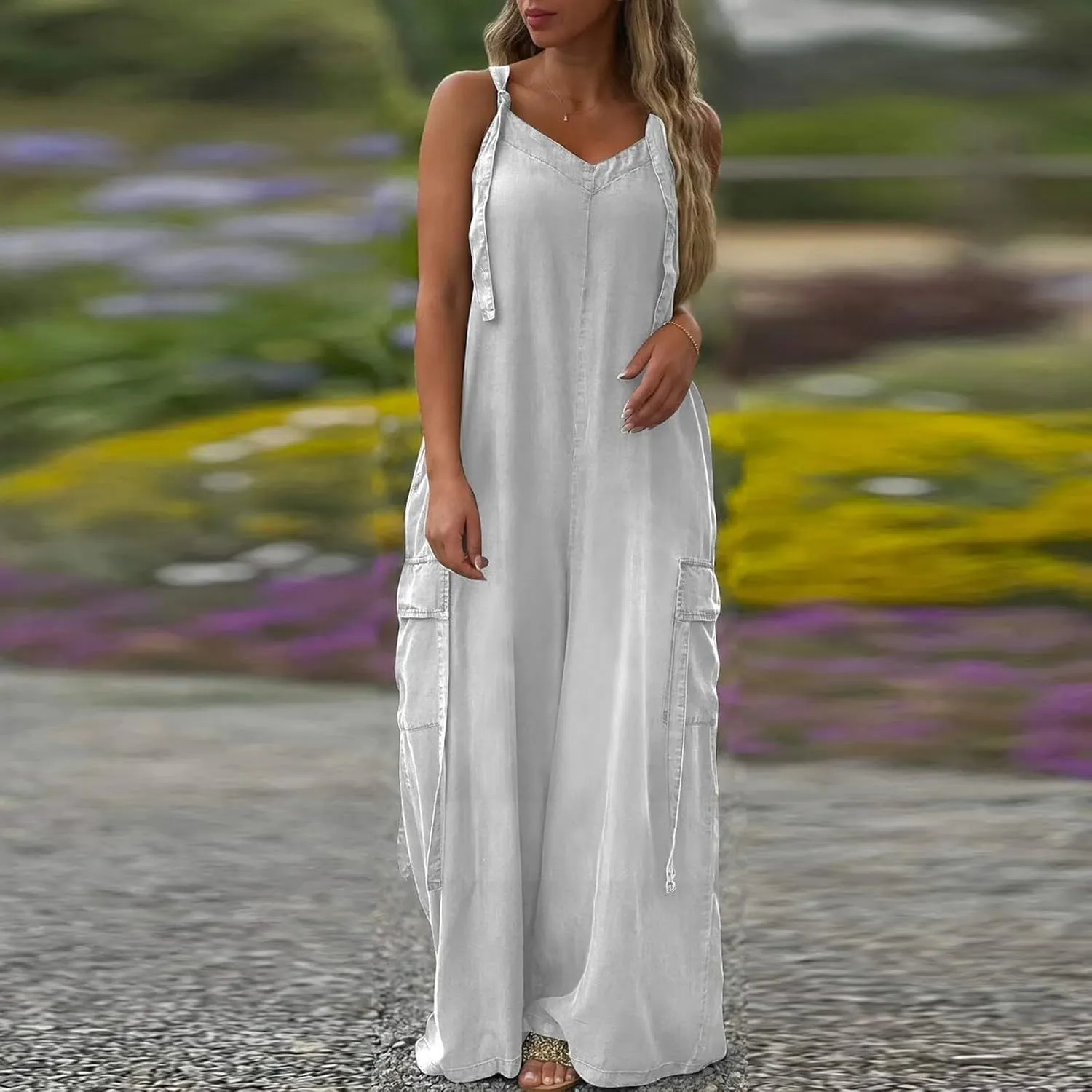 Baggy Overalls for Women Loose Fit V Neck Wide Leg Jumpsuit with Pockets Casual Oversized Rompers Long Palazzo Pants