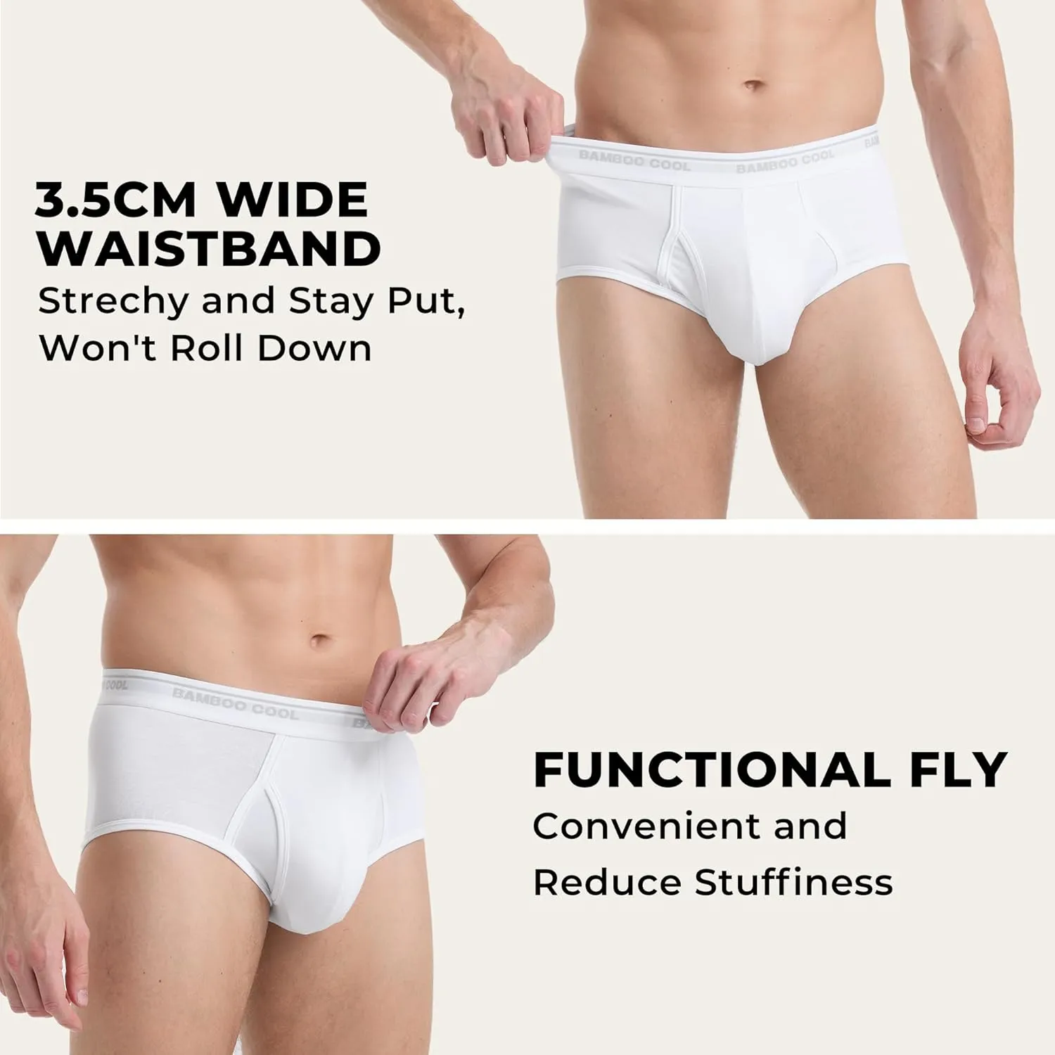 BAMBOO COOL Mens Breathable Soft Underwear Open-fly Classic Briefs, Tag-free