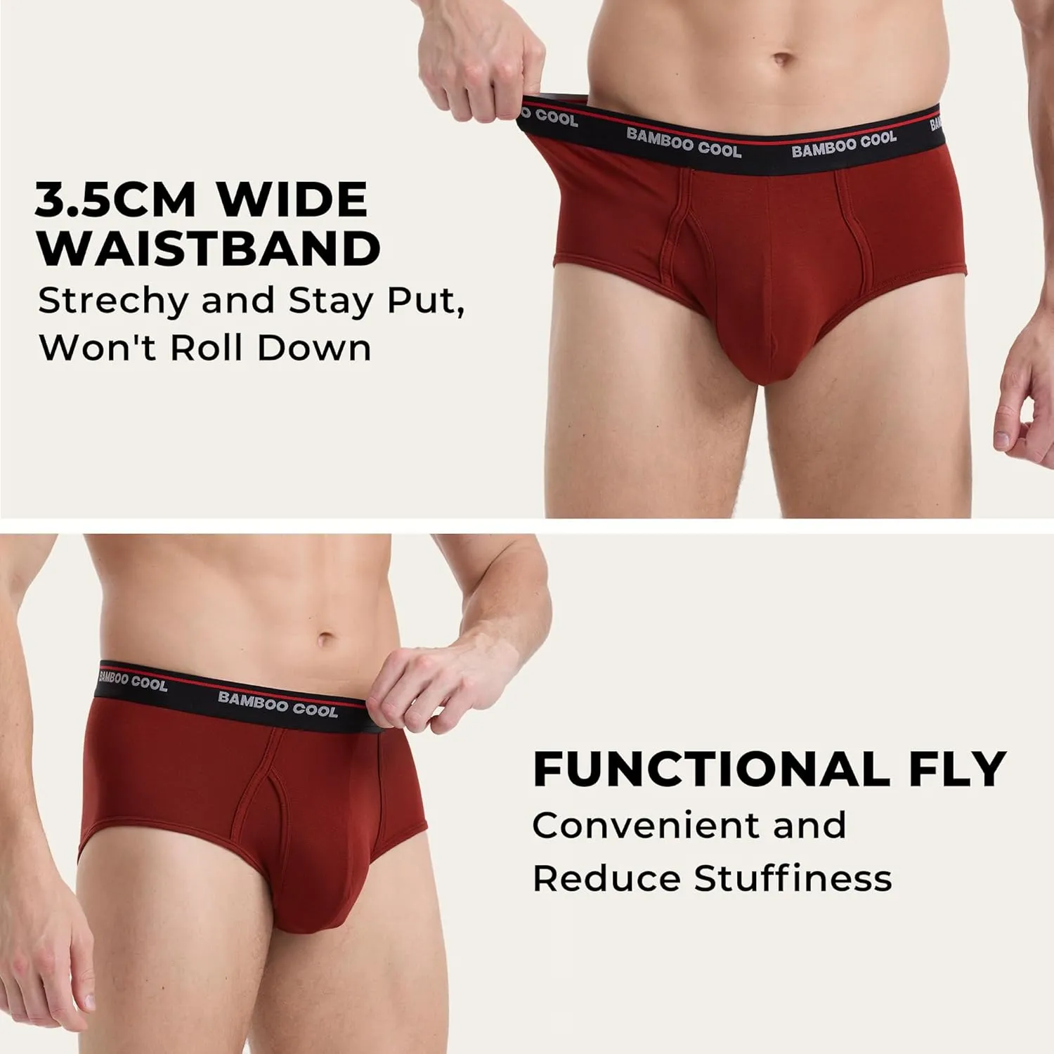 BAMBOO COOL Mens Breathable Soft Underwear Open-fly Classic Briefs, Tag-free