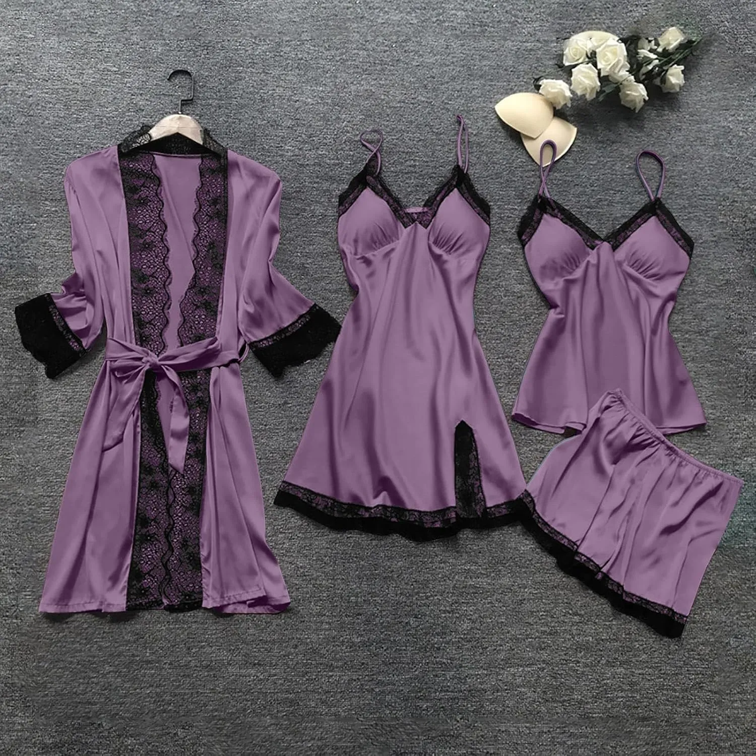 BOXIACEY Pajamas for Women Silk Pajama Set 4pcs Robe Babydoll Lingerie Satin Sleepwear Nightdress Lace Nightgown Set