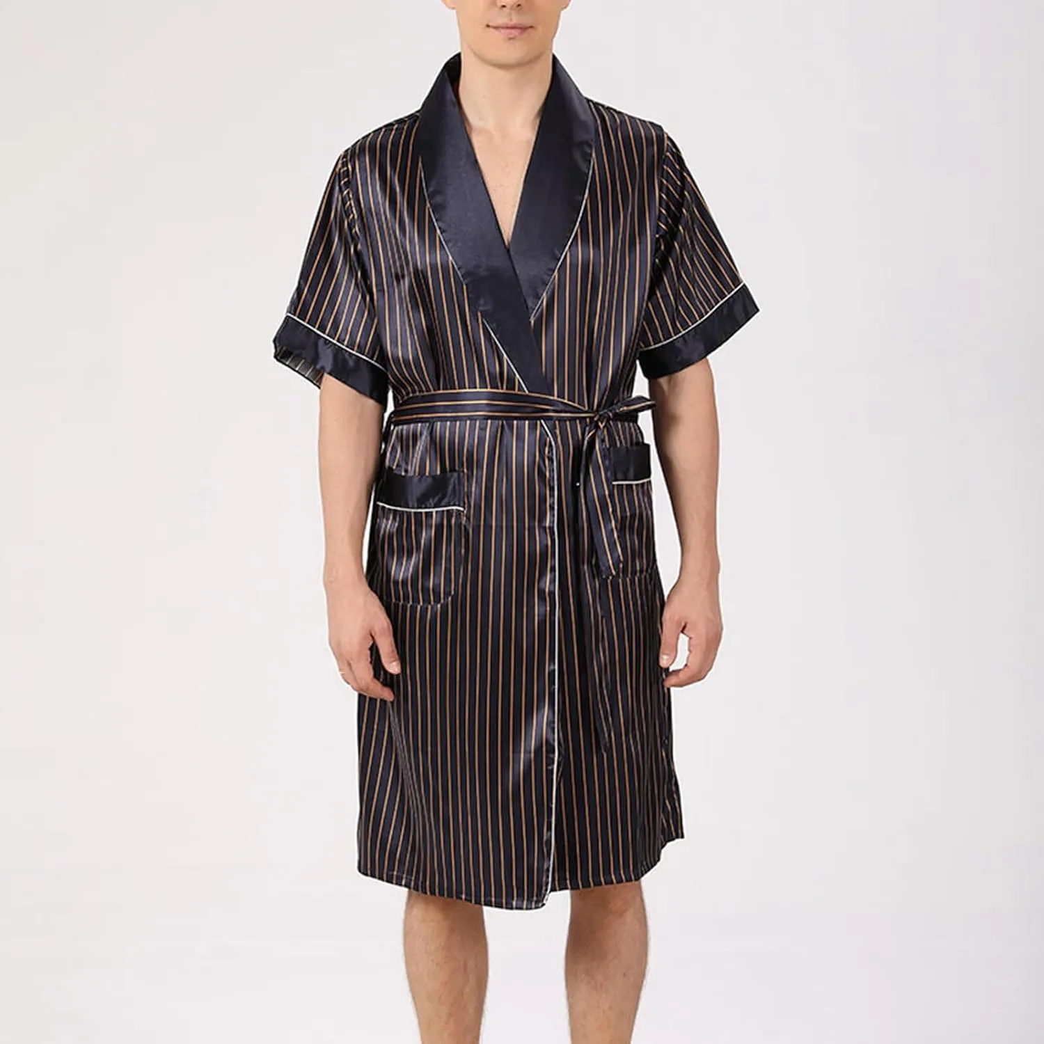 Cambkatl Men's Striped Satin Robe Short Sleeve Summer Lightweight Silky Kimono Bathrobe Pajamas Sleepwear with Belt