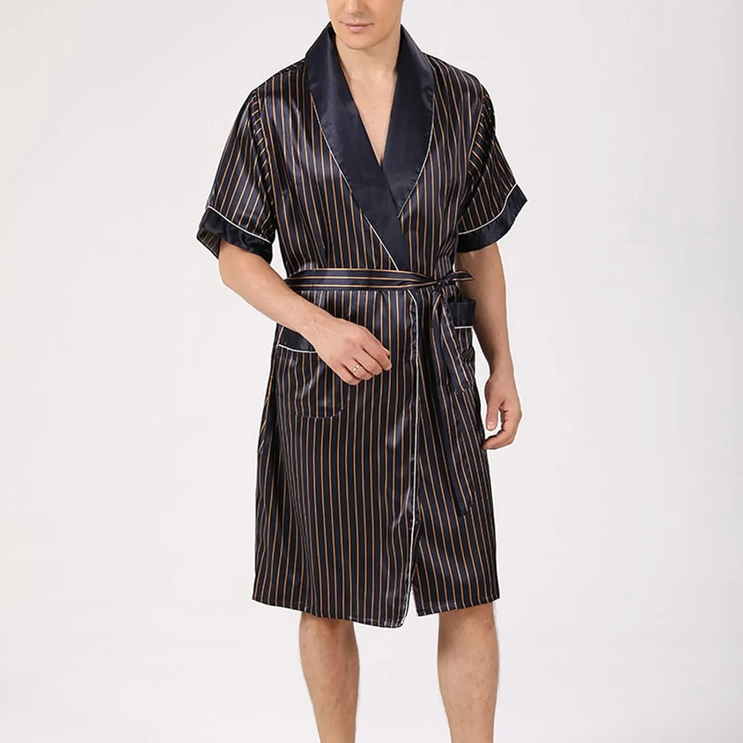 Cambkatl Men's Striped Satin Robe Short Sleeve Summer Lightweight Silky Kimono Bathrobe Pajamas Sleepwear with Belt