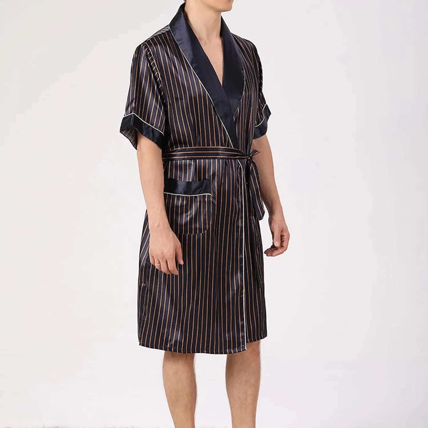 Cambkatl Men's Striped Satin Robe Short Sleeve Summer Lightweight Silky Kimono Bathrobe Pajamas Sleepwear with Belt