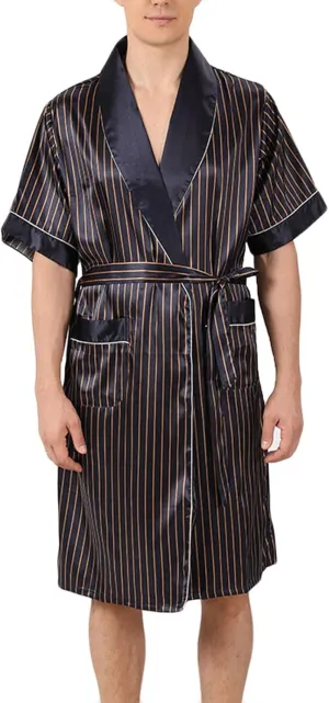 Cambkatl Men's Striped Satin Robe Short Sleeve Summer Lightweight Silky Kimono Bathrobe Pajamas Sleepwear with Belt