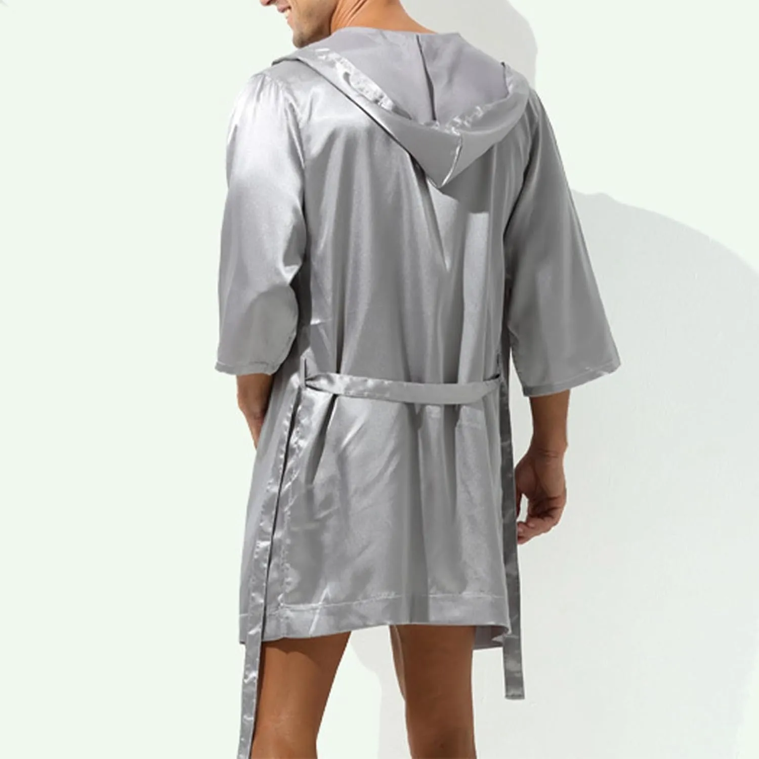 Cambkatl Men's Summer Satin Robe Short Silky Kimono Bathrobe with Hood, Lightweight Soft Loungewear Nightwear