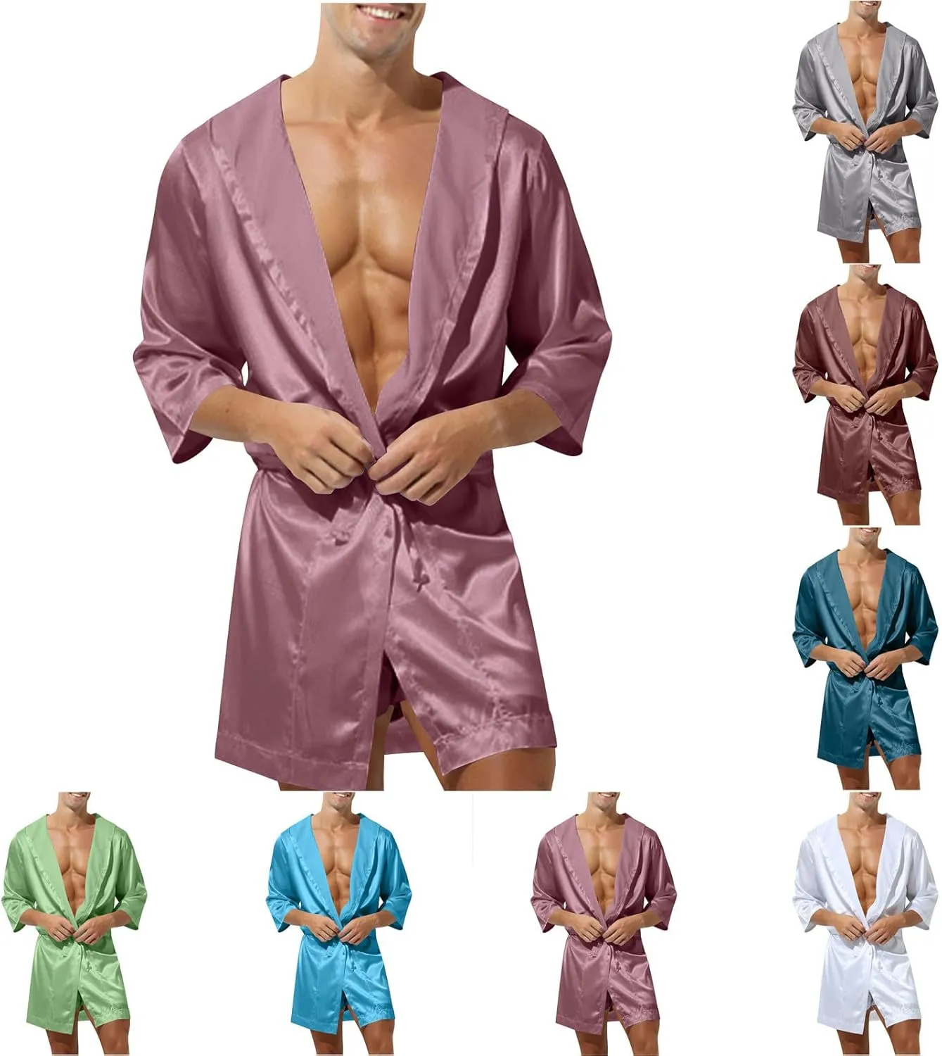 Cambkatl Men's Summer Satin Robe Short Silky Kimono Bathrobe with Hood, Lightweight Soft Loungewear Nightwear