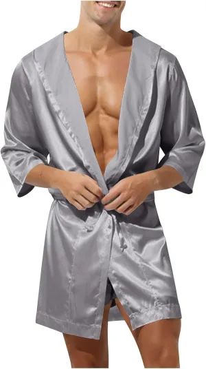 Cambkatl Men's Summer Satin Robe Short Silky Kimono Bathrobe with Hood, Lightweight Soft Loungewear Nightwear