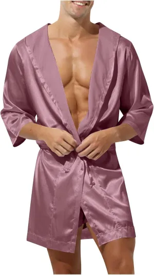 Cambkatl Men's Summer Satin Robe Short Silky Kimono Bathrobe with Hood, Lightweight Soft Loungewear Nightwear