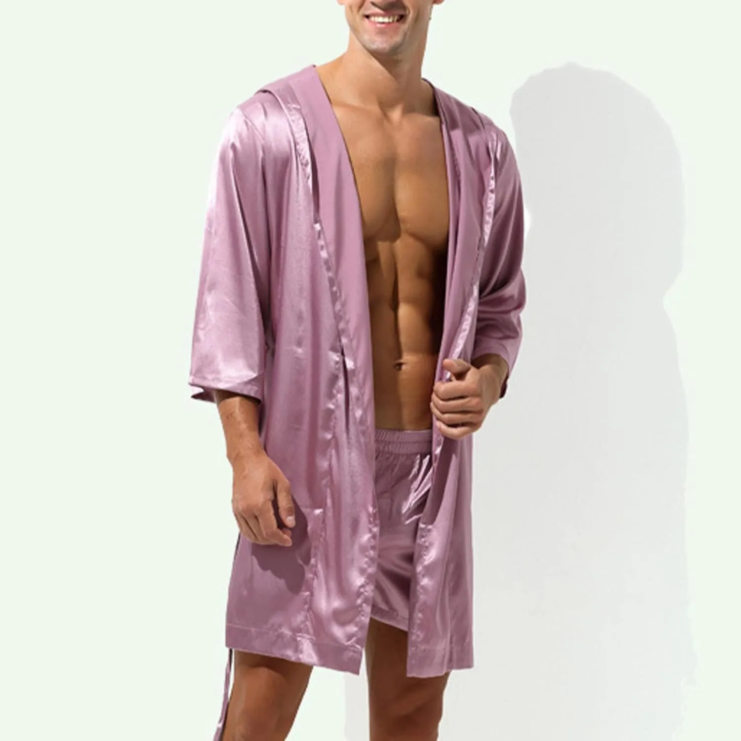 Cambkatl Men's Summer Satin Robe Short Silky Kimono Bathrobe with Hood, Lightweight Soft Loungewear Nightwear