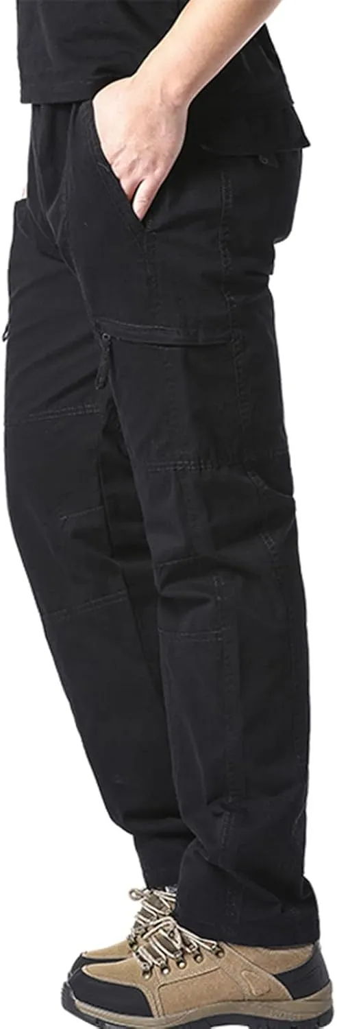 Cargo Pants for Men Cotton Loose Relaxed Fit Buckle Zip Hiking Ripstop Multipocket Mountaining Workout Retro Trousers