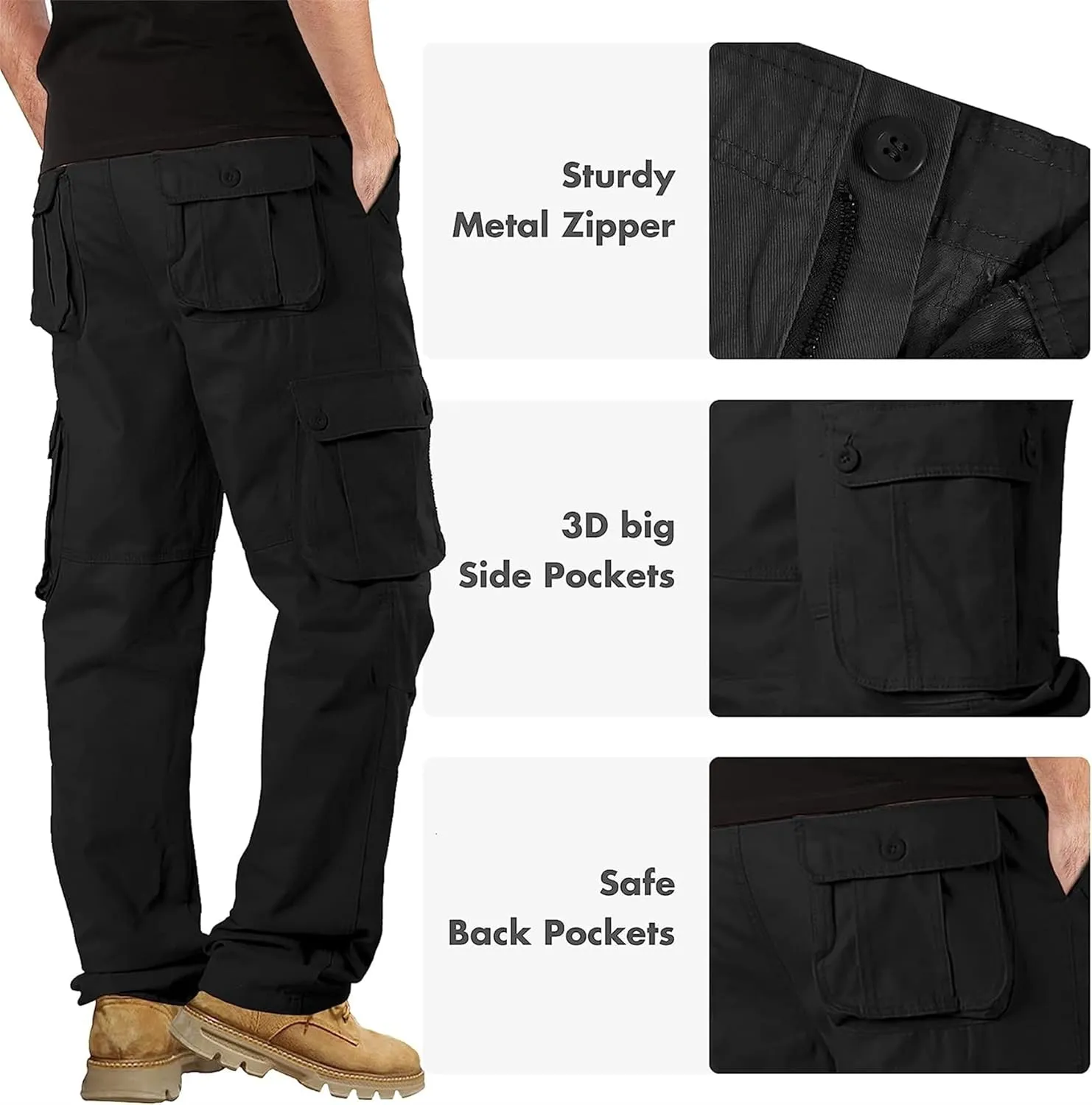 Cargo Pants for Men Relaxed Fit Casual Work Trousers Cotton Hiking Tactical Pants with 6 Pockets (32,Black)
