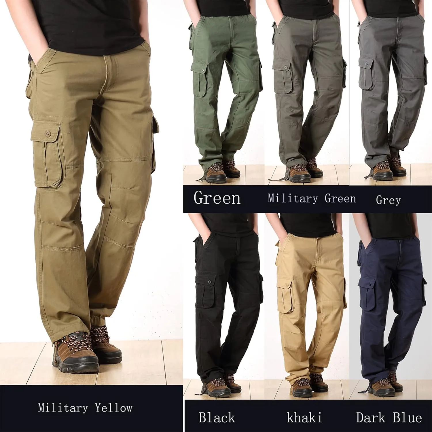 Cargo Pants for Men Relaxed Fit Casual Work Trousers Cotton Hiking Tactical Pants with 6 Pockets (32,Black)
