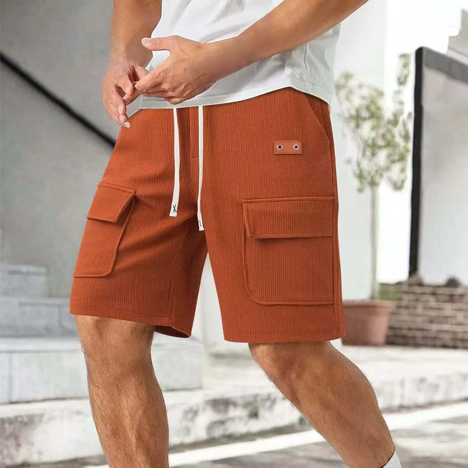 Cargo Shorts for Men Knee Length Lightweight Stretch Chino Short Pants Hiking Fishing Gym Gear Casual Elastic Waistband