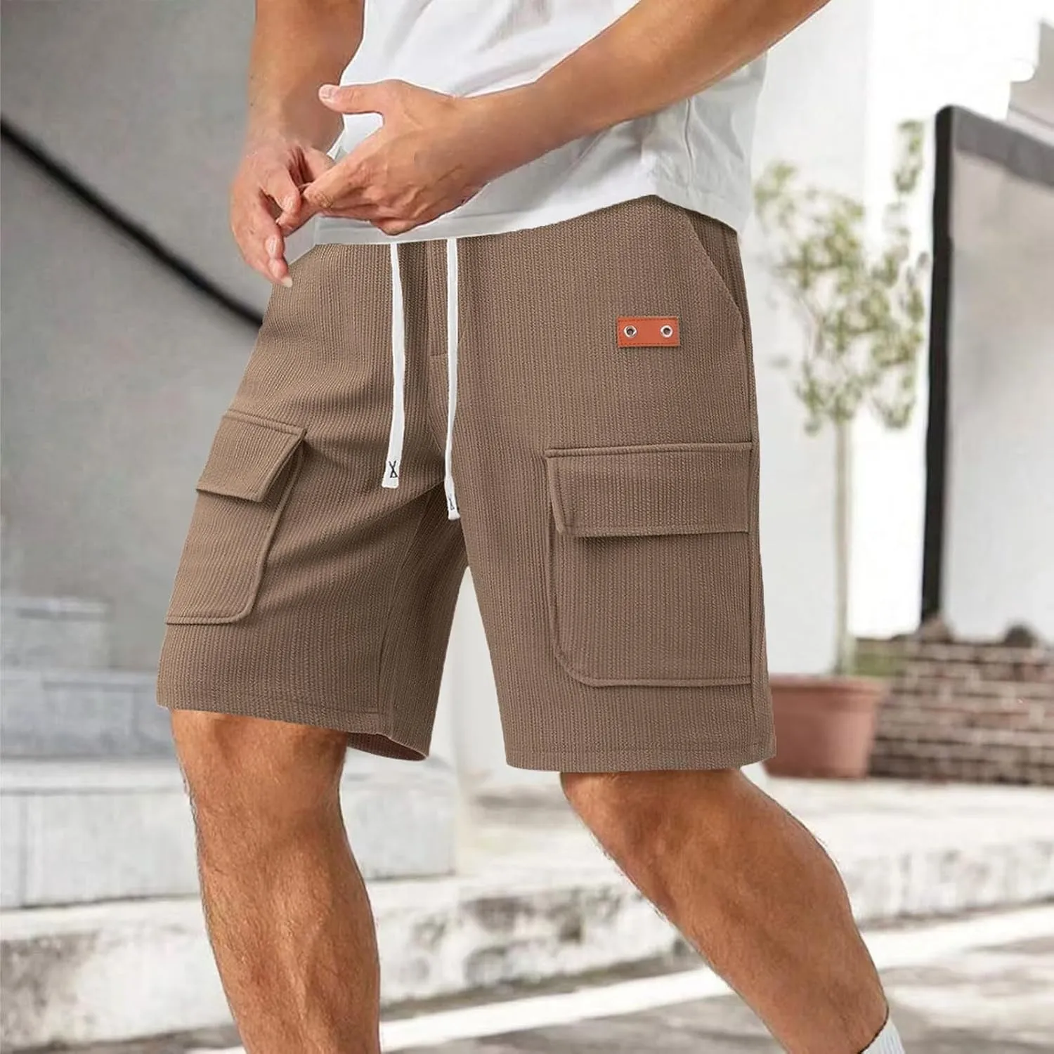 Cargo Shorts for Men Knee Length Lightweight Stretch Chino Short Pants Hiking Fishing Gym Gear Casual Elastic Waistband