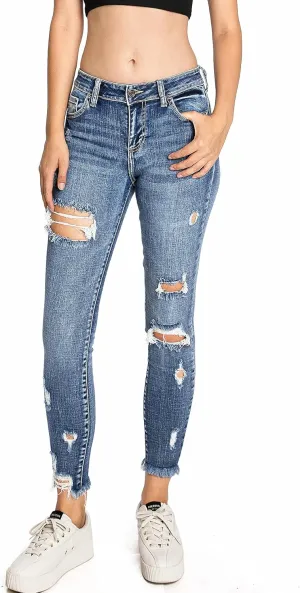 Cello Jeans Women's Juniors Mid Rise Distressed Skinny Jeans