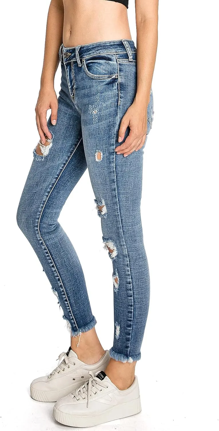 Cello Jeans Women's Juniors Mid Rise Distressed Skinny Jeans