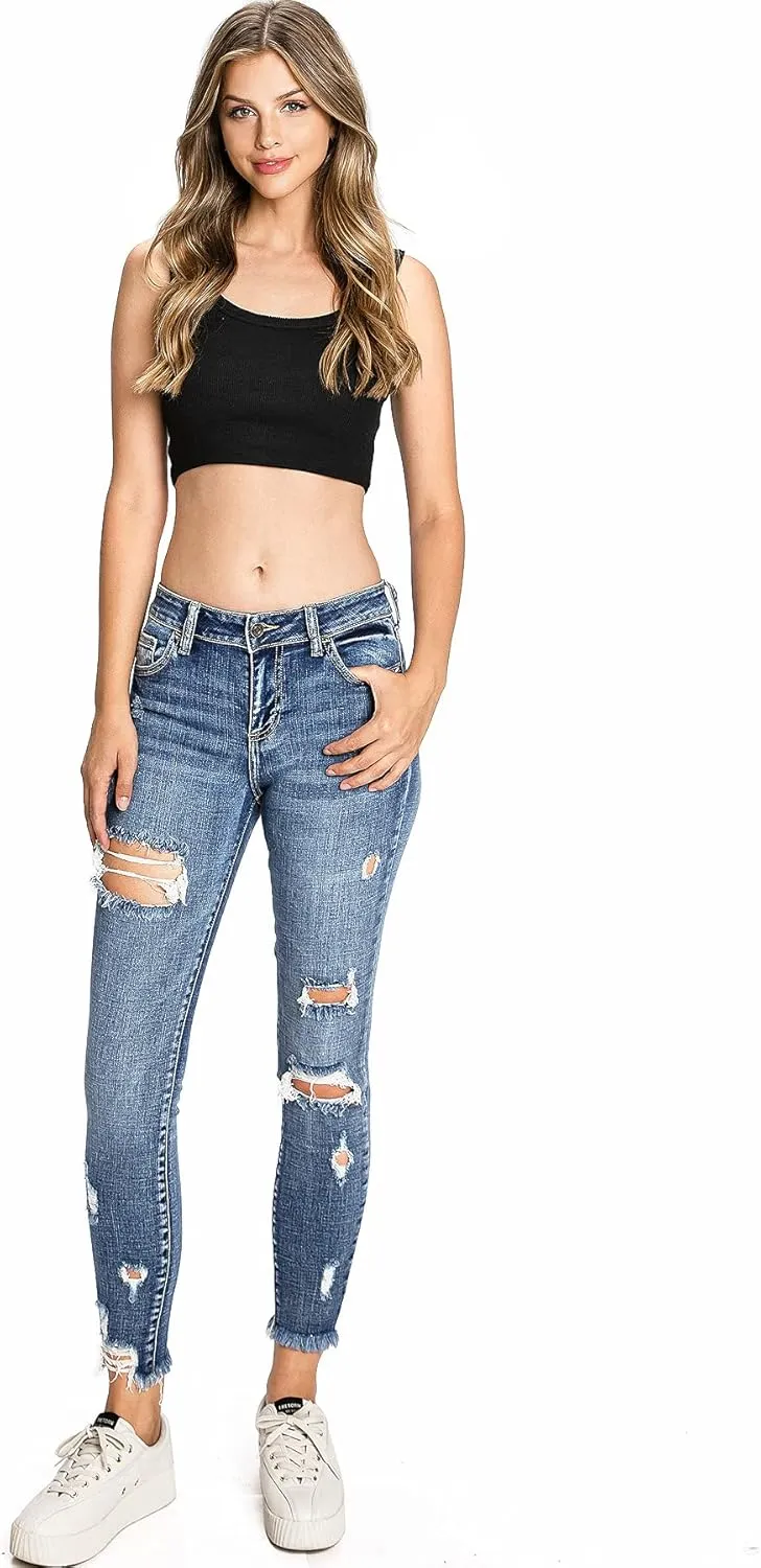 Cello Jeans Women's Juniors Mid Rise Distressed Skinny Jeans