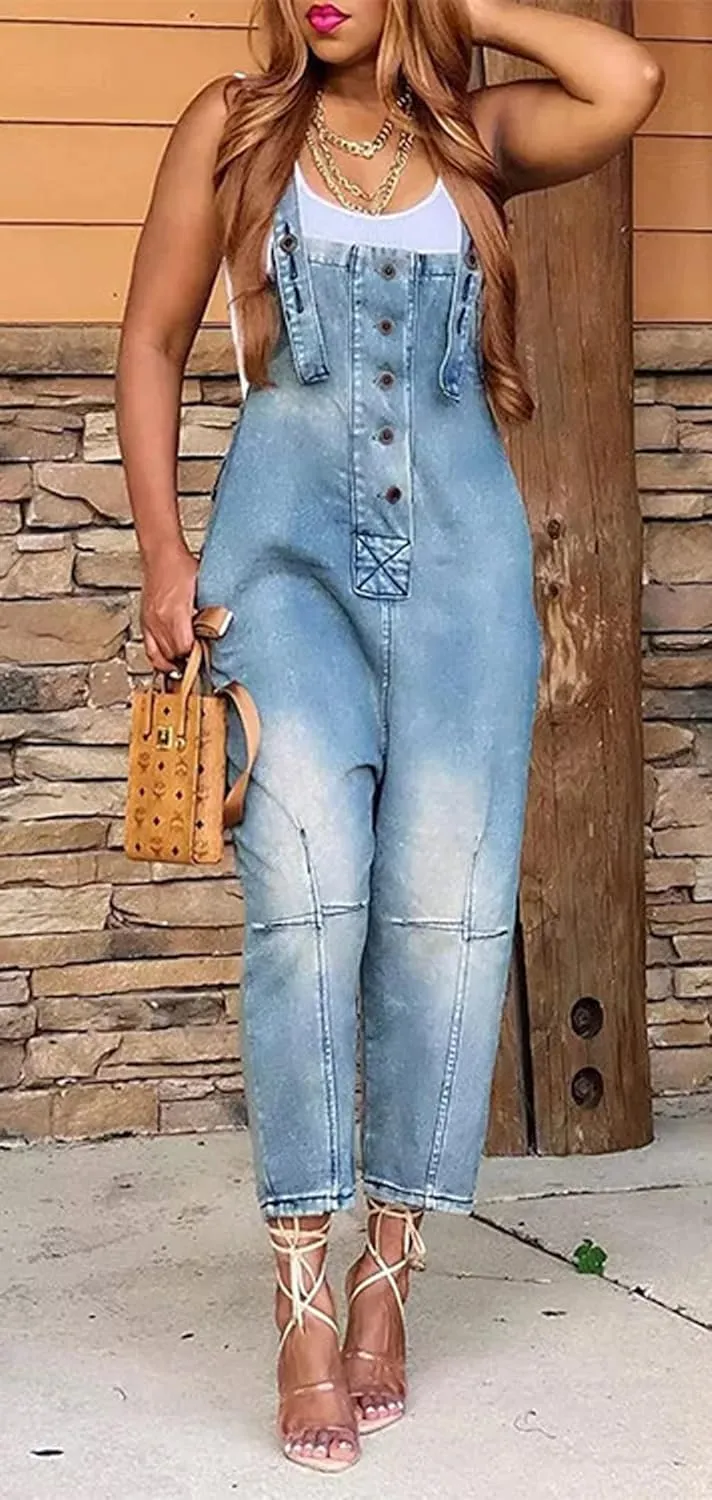 CHARTOU Women's Casual Loose Fit Jean Jumpsuit Overalls Crop Harem Denim Pants