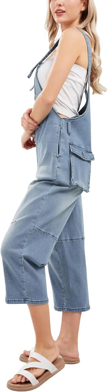 CHARTOU Women's Casual Loose Fit Jean Jumpsuit Overalls Crop Harem Denim Pants