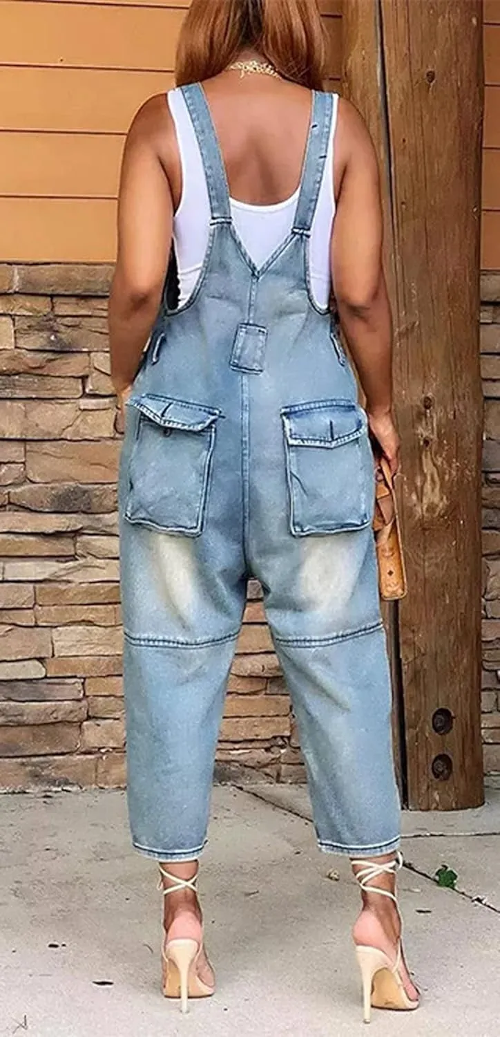 CHARTOU Women's Casual Loose Fit Jean Jumpsuit Overalls Crop Harem Denim Pants