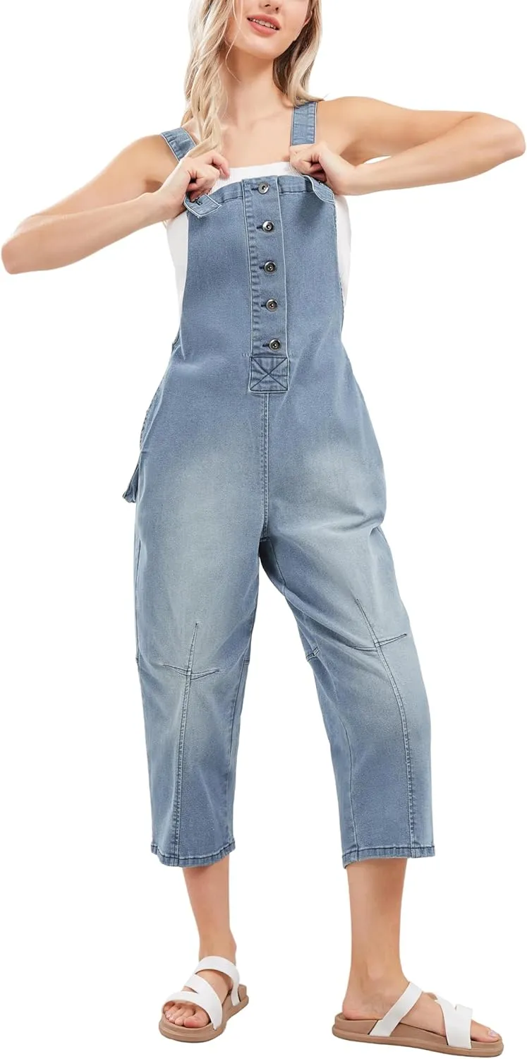 CHARTOU Women's Casual Loose Fit Jean Jumpsuit Overalls Crop Harem Denim Pants