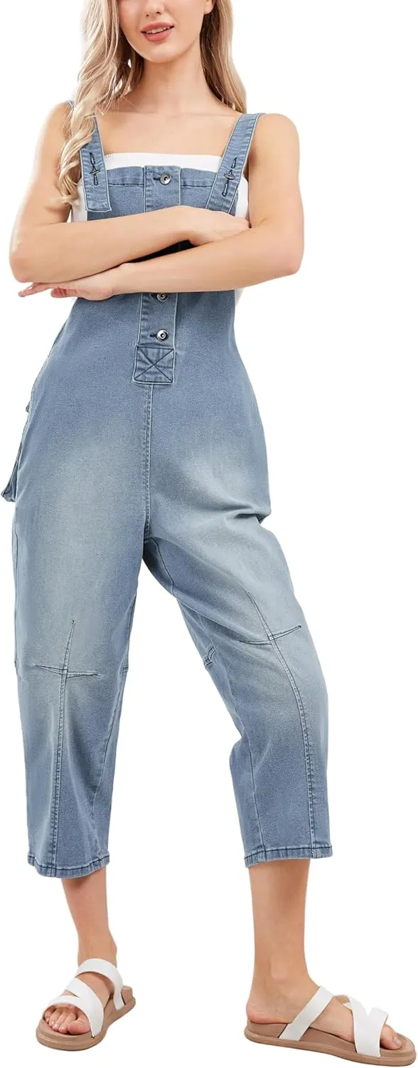 CHARTOU Women's Casual Loose Fit Jean Jumpsuit Overalls Crop Harem Denim Pants