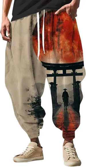 Chinese Style Hip Hop Harem Pants for Men Baggy All Over Print Joggers Sweatpants Tapered Yoga Drop Crotch Trousers