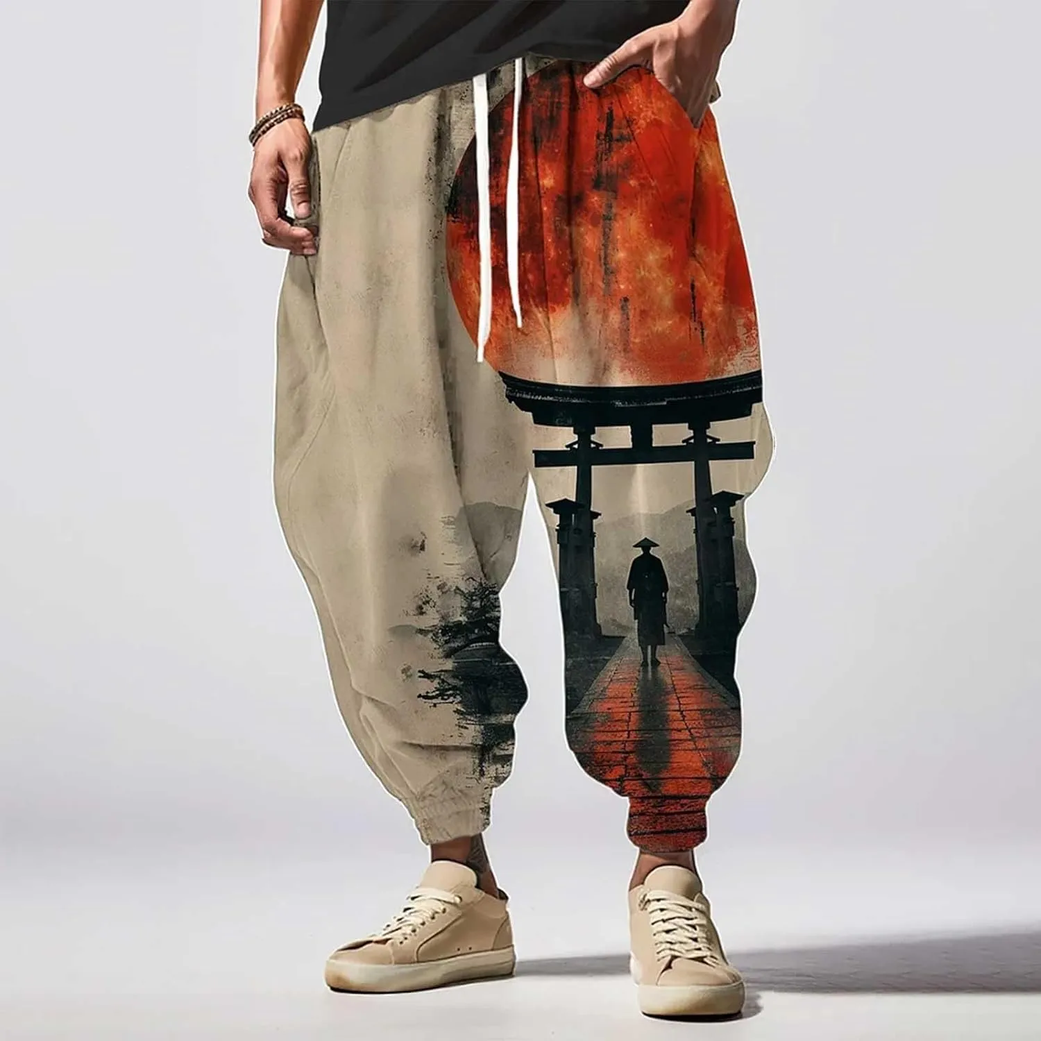 Chinese Style Hip Hop Harem Pants for Men Baggy All Over Print Joggers Sweatpants Tapered Yoga Drop Crotch Trousers