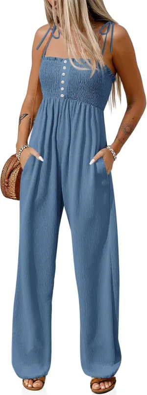 Cicy Bell Womens Summer Smocked Jumpsuits Loose Fit Adjustable Spaghetti Strap Jumpers Button Front Jogger Leg Overalls