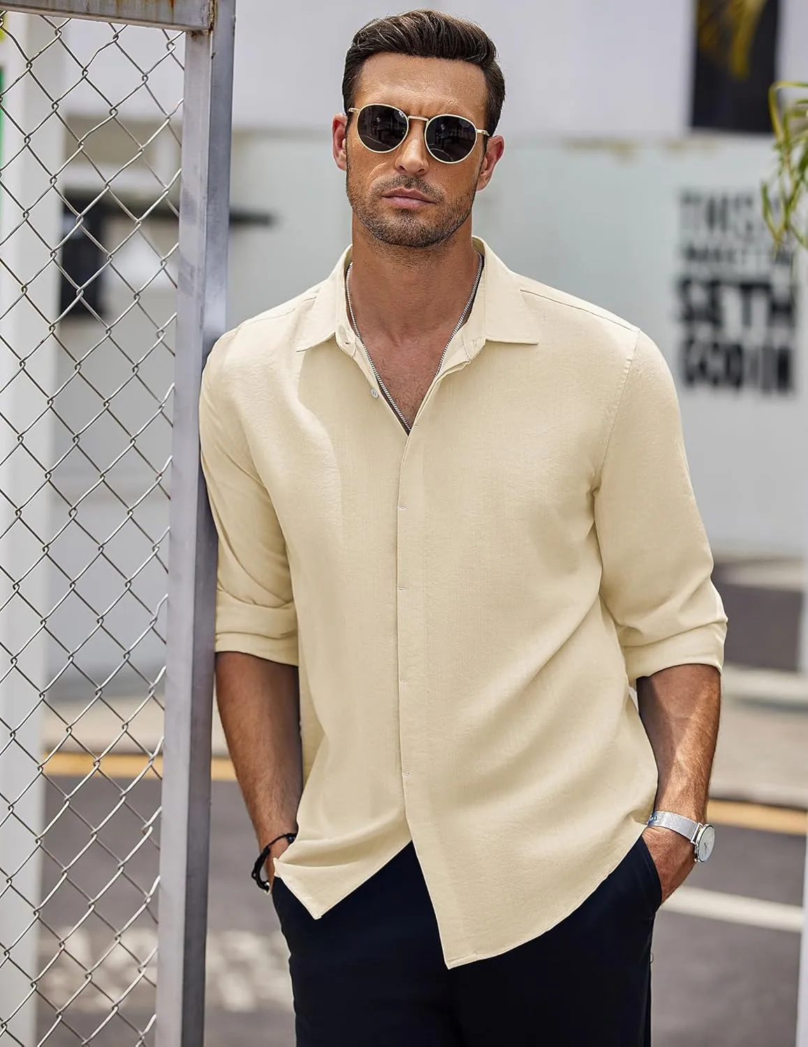 COOFANDY Men's Casual Shirt Long Sleeve Casual Button Down Shirt for Men Summer Beach Wedding Shirt