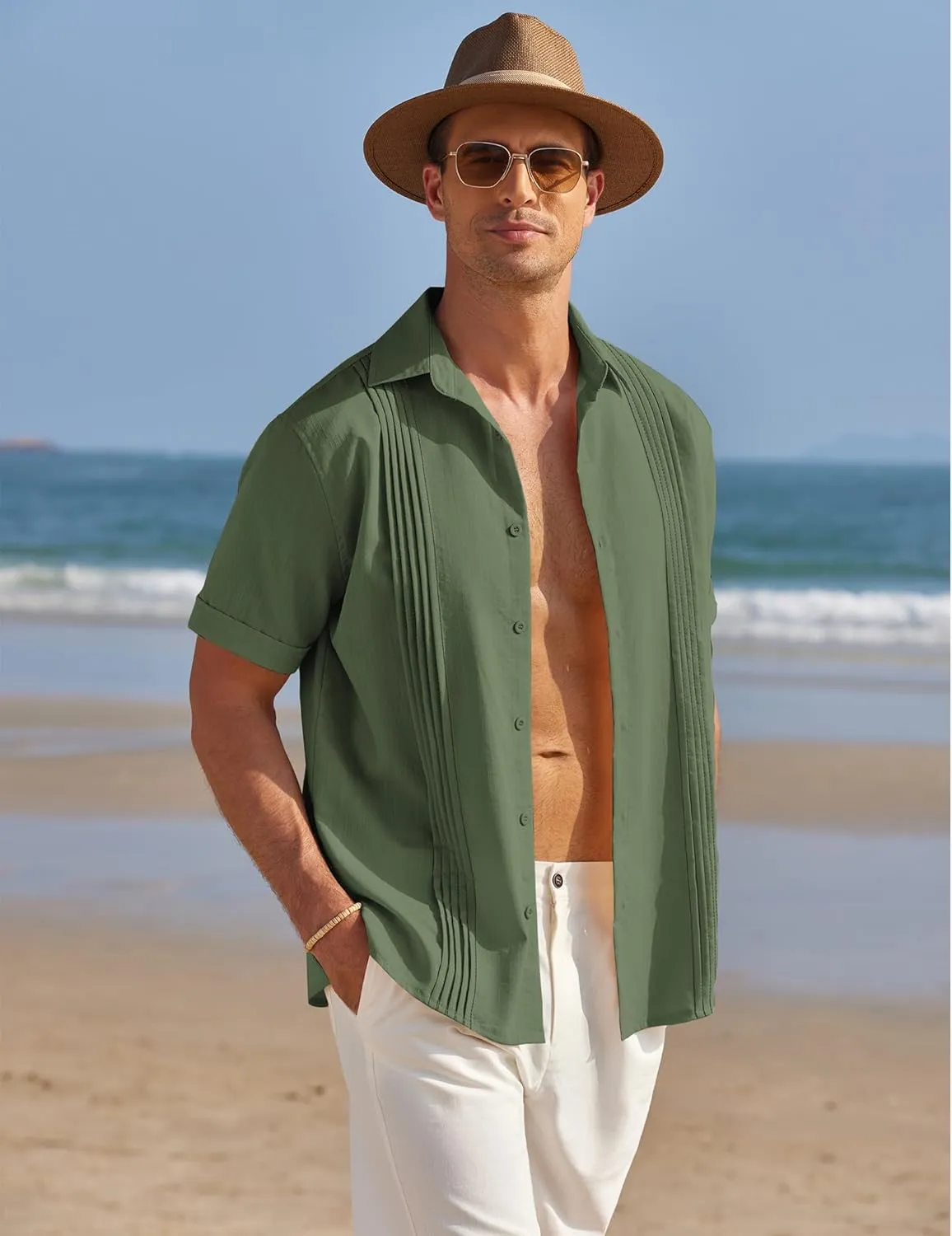 COOFANDY Men's Cuban Guayabera Shirt Casual Linen Shirt Short Sleeve Button Down Shirt
