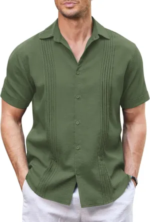 COOFANDY Men's Cuban Guayabera Shirt Casual Linen Shirt Short Sleeve Button Down Shirt