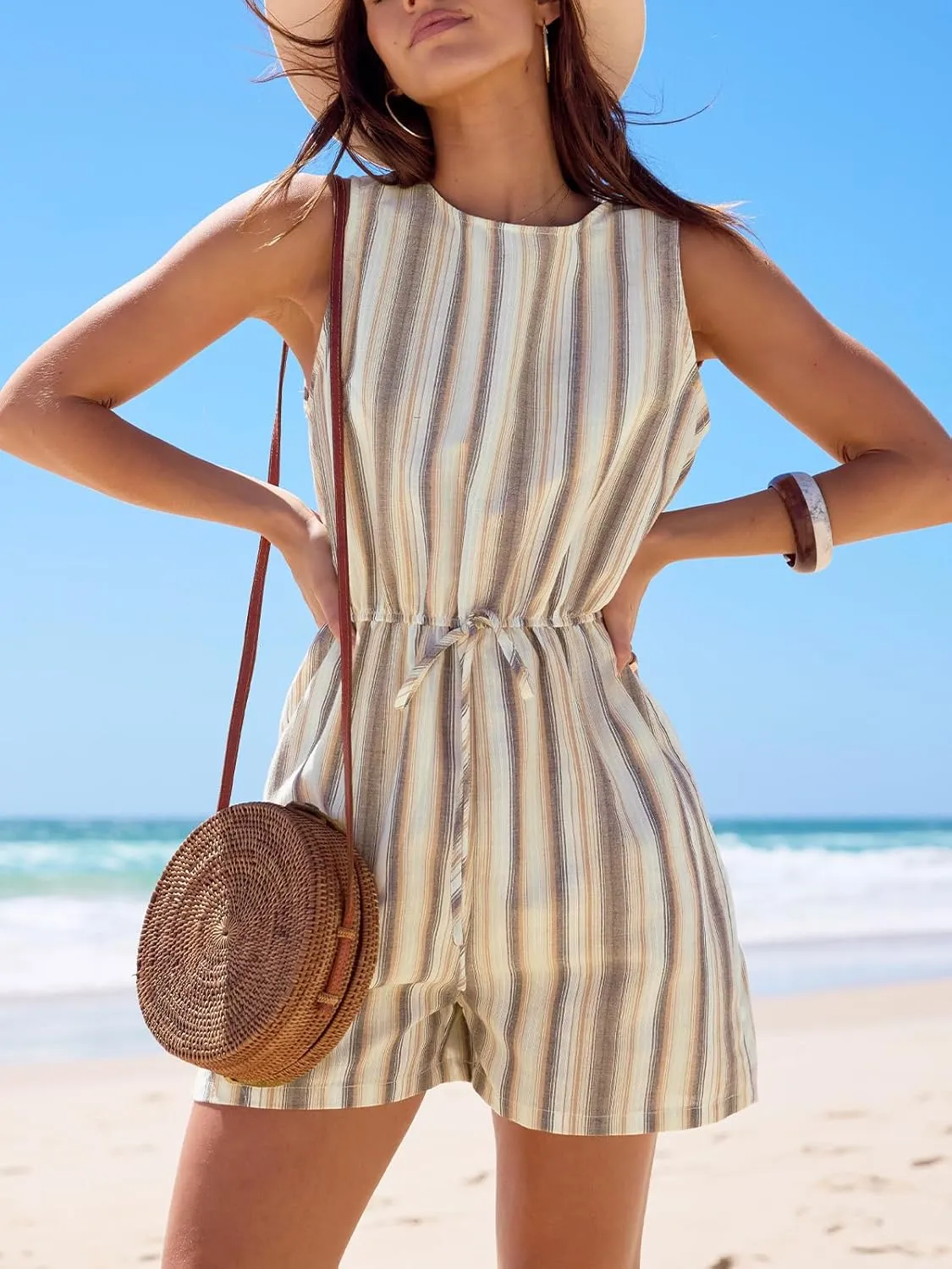 CUPSHE Women Crew Neck Casual Jumpsuit Cotton Elastic Waist Tie Sleeveless Short Loose Fit Romper
