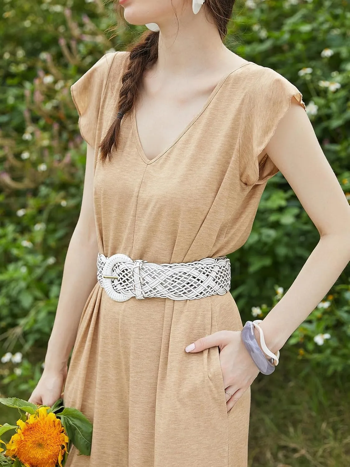 CUPSHE Women V Neck Casual Jumpsuit Short Ruffle Sleeve Wide Legs Loose Fit Romper with Pockets