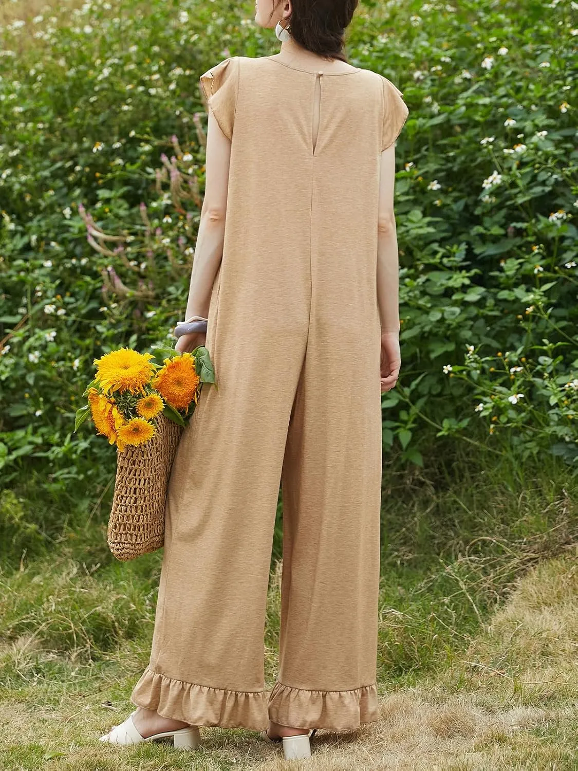 CUPSHE Women V Neck Casual Jumpsuit Short Ruffle Sleeve Wide Legs Loose Fit Romper with Pockets