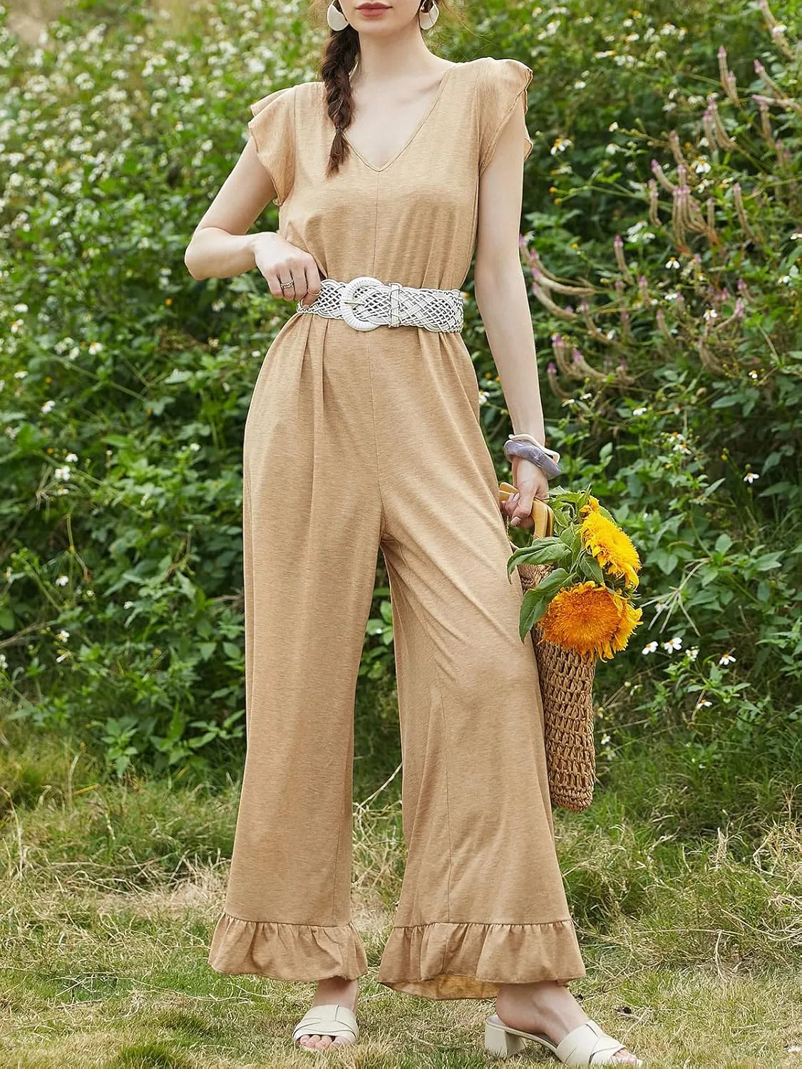 CUPSHE Women V Neck Casual Jumpsuit Short Ruffle Sleeve Wide Legs Loose Fit Romper with Pockets