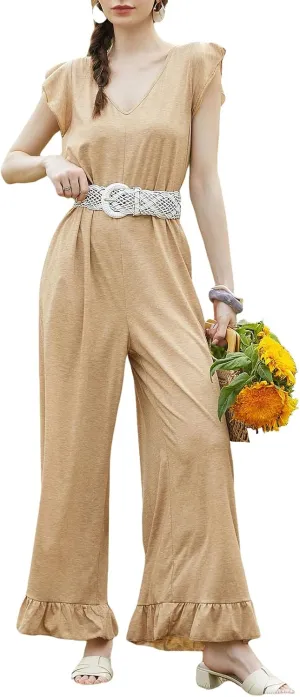 CUPSHE Women V Neck Casual Jumpsuit Short Ruffle Sleeve Wide Legs Loose Fit Romper with Pockets