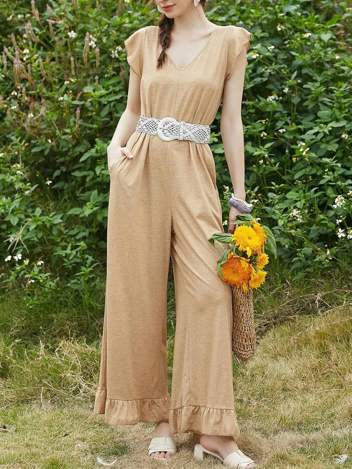 CUPSHE Women V Neck Casual Jumpsuit Short Ruffle Sleeve Wide Legs Loose Fit Romper with Pockets