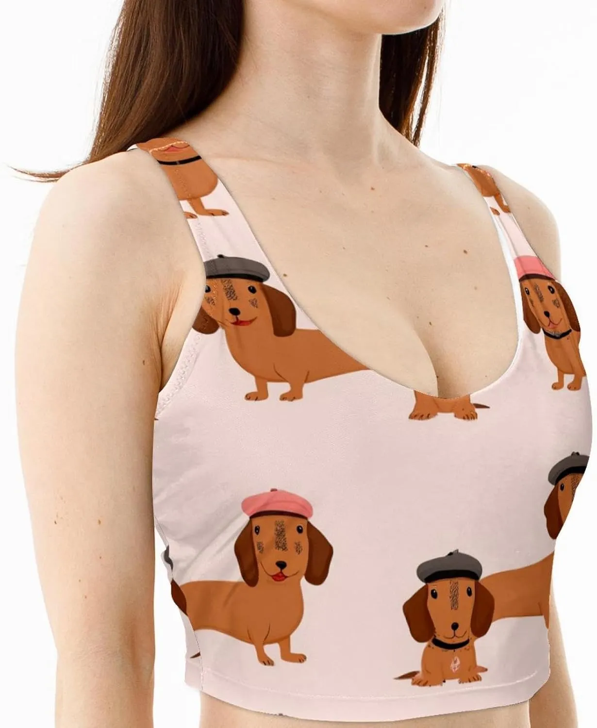 Dachshunds Wear Berets Womens' Sports Bra, U Back Padded Sports Bra for Yoga Gym