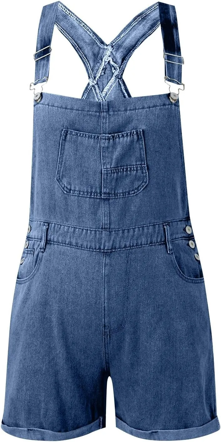 Denim Rompers for Women 2025 Cute Summer Roll Up Jeans Shortalls Loose Adjustable Bib Overall Shorts with Pockets