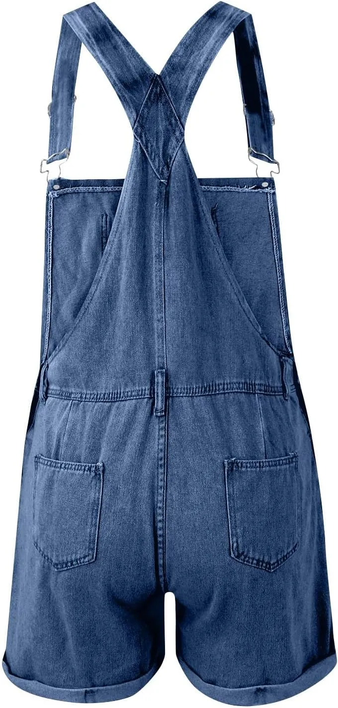 Denim Rompers for Women 2025 Cute Summer Roll Up Jeans Shortalls Loose Adjustable Bib Overall Shorts with Pockets