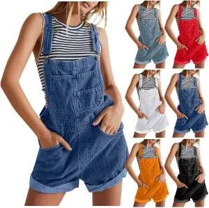 Denim Rompers for Women 2025 Cute Summer Roll Up Jeans Shortalls Loose Adjustable Bib Overall Shorts with Pockets