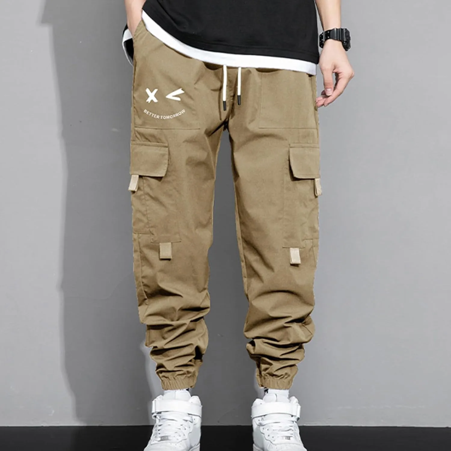 Dgoopd Men Cargo Pants Casual Elastic Waist Pants Baggy Jogger Pants Outdoor Hiking Pants Gym Pants with Pockets