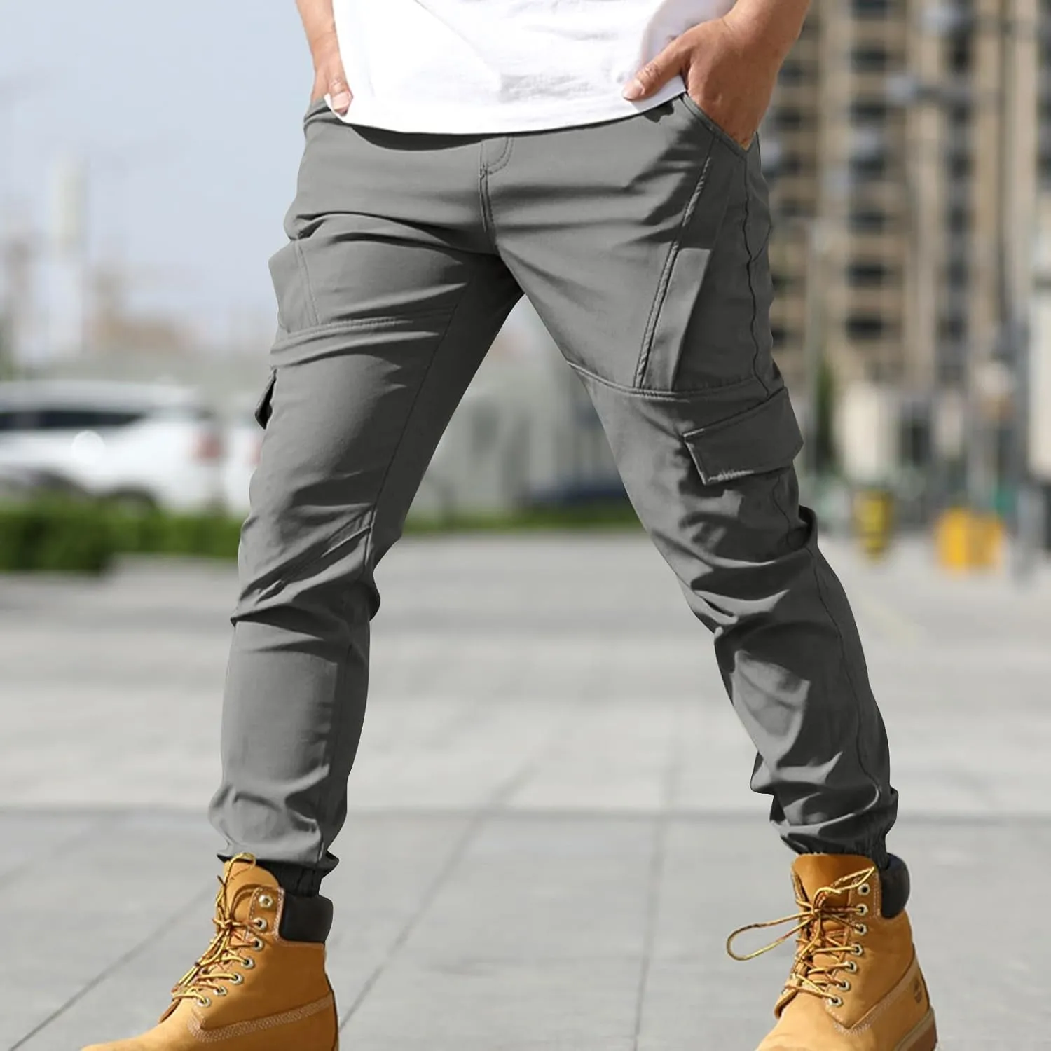 Dgoopd Work Cargo Pants for Men Slim Drawstring Elastic Waist Straight Leg Tactical Pants Multi Pocket Trousers