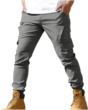 Dgoopd Work Cargo Pants for Men Slim Drawstring Elastic Waist Straight Leg Tactical Pants Multi Pocket Trousers