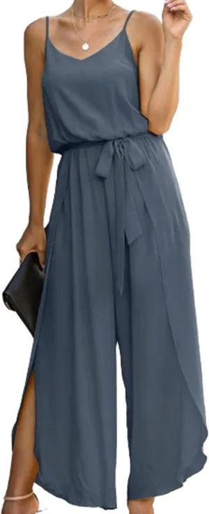 ECOWISH Womens Jumpsuit Spaghetti Strap Wide Leg Split Jumpsuits Long Overalls Summer Beach Loose Fit Rompers