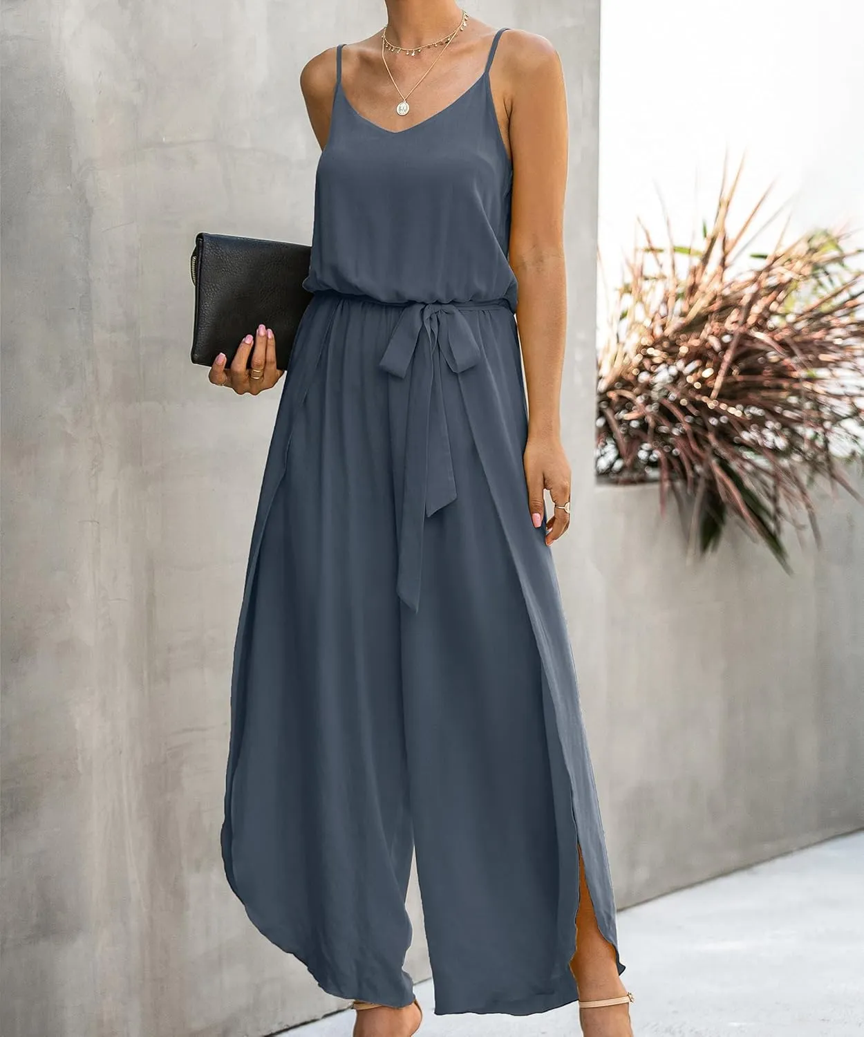 ECOWISH Womens Jumpsuit Spaghetti Strap Wide Leg Split Jumpsuits Long Overalls Summer Beach Loose Fit Rompers